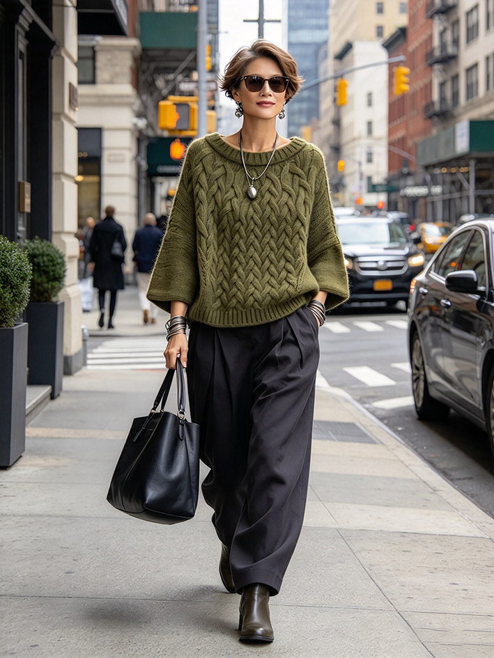 Chic Relaxed Batwing Olive Green Cable-knit Sweater