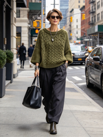 Chic Relaxed Batwing Olive Green Cable-knit Sweater