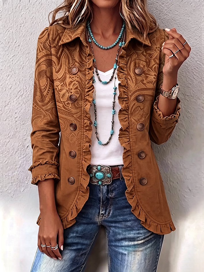 Elegant Teal Floral Print Denim Ruffle Blazer