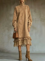 Chic And Elegant Midi Dress Featuring Faux Suede Paneling And A Lace Hem.