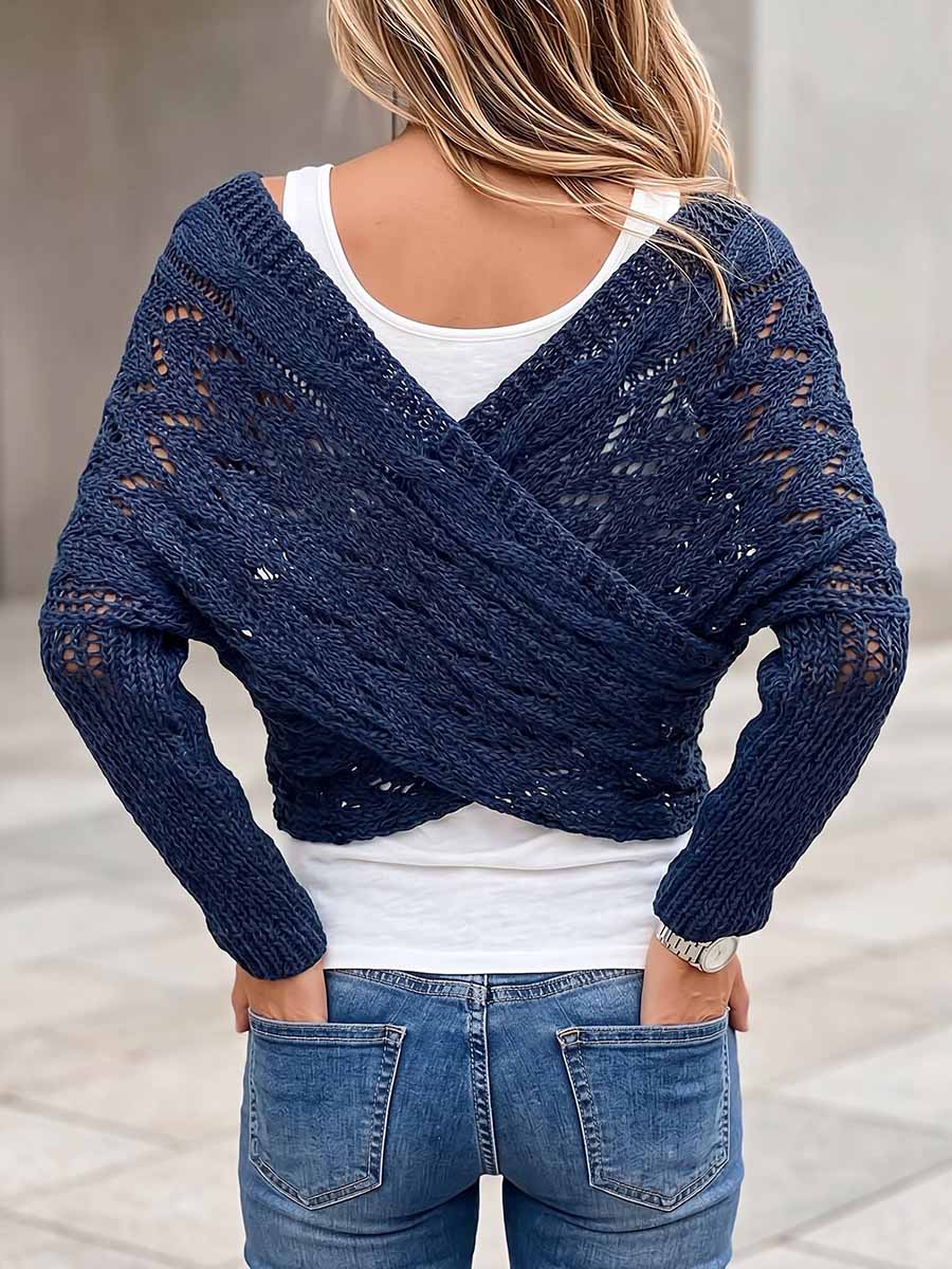 Women's Solid-Color Reversible Long-Sleeve Cut-Out Knit Shawl