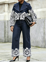 Casual Lace-print Cropped Denim Jacket