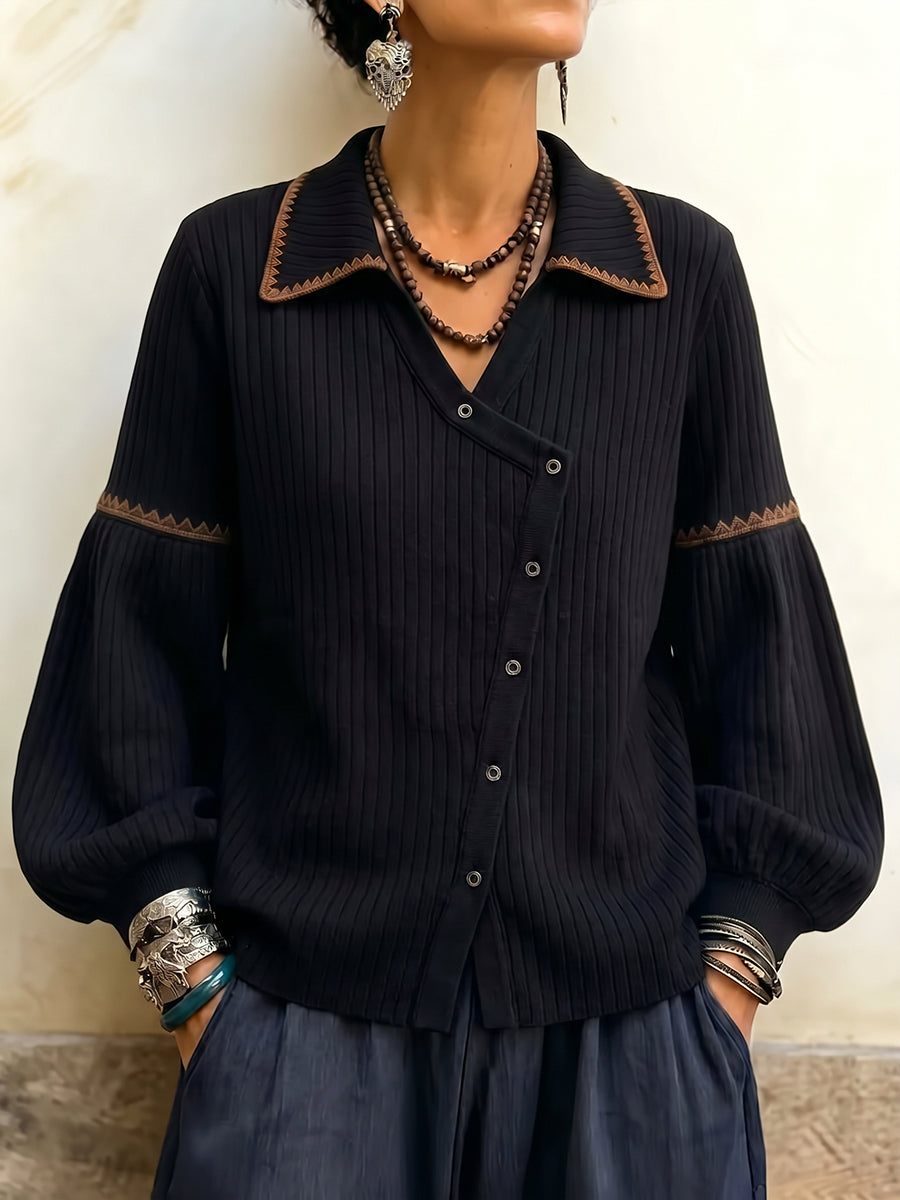 Bohemian-Edge Asymmetric Ribbed Knit Top