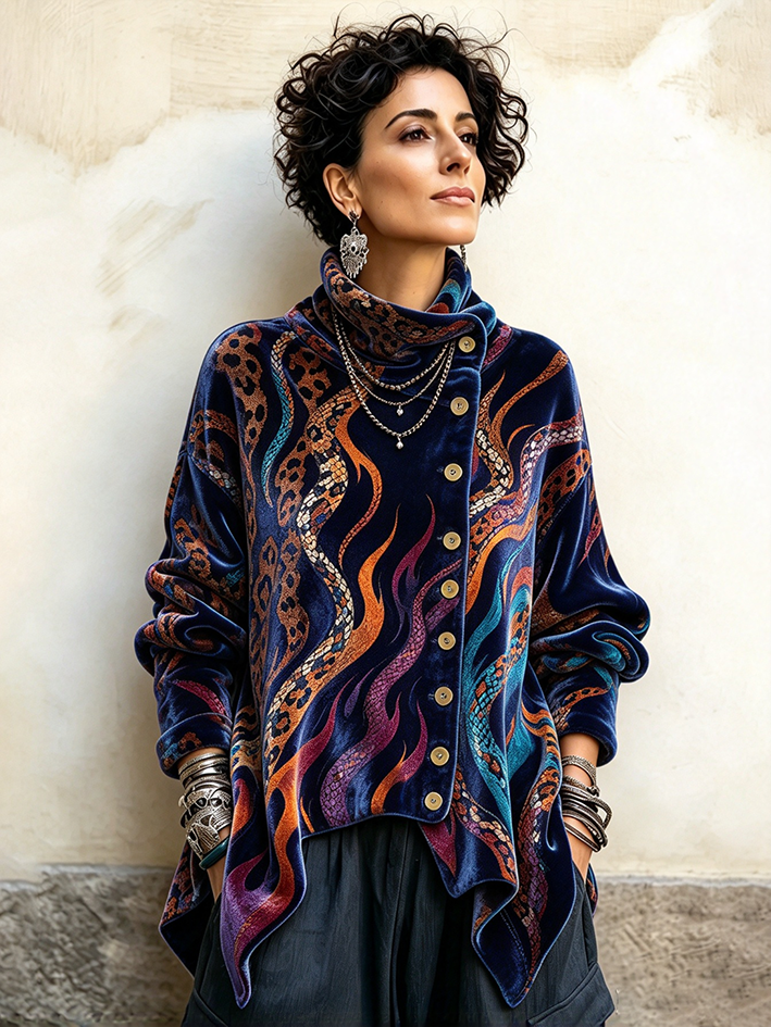Vintage Abstract Flame And Animal Print Asymmetrical Turtleneck Top