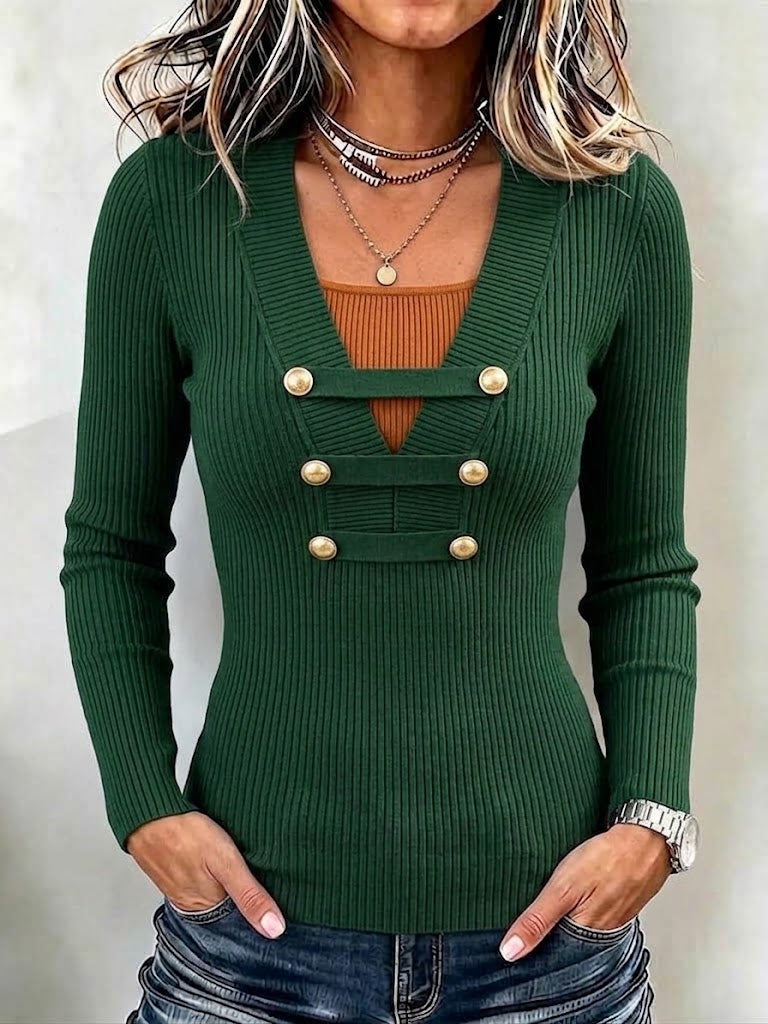 Cozy V-neck Ribbed Slim-fit Knit Top