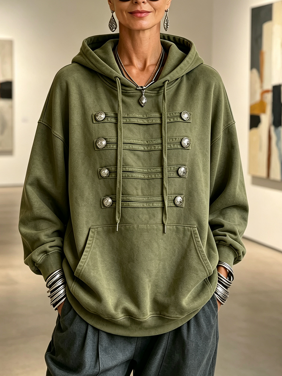 Military-chic Oversized Olive Green Hoodie