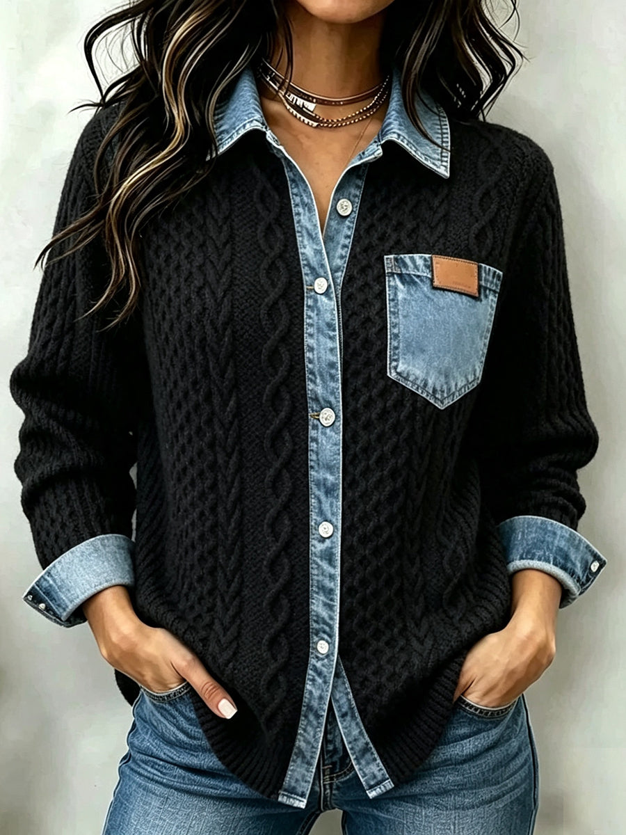Casual Denim-Paneled Cable-Knit Shirt Jacket