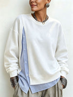 Cozy Blue Striped Shirt-panel Sweatshirt (faux-layered Look)