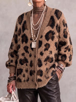 Women's Fluffy Leopard Print V-Neck Cardigan - Cozy Oversized Button-Down Sweater Coat