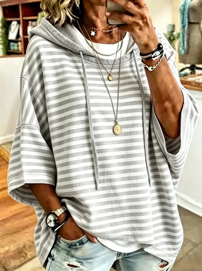 Relaxed-fit Casual Striped Cotton Hoodie