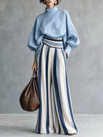 Stylish Casual Two-piece Set Featuring A Linen-cotton Blend Top And Striped Wide-leg Trousers.