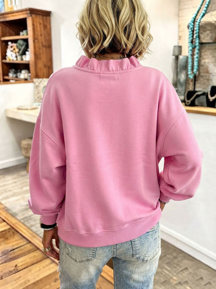 Cozy Oversized Vibrant Pink Ruffled Sweatshirt