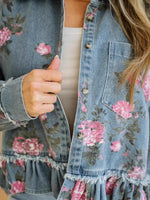 Lapel Floral Print Frayed Ruffle Hem Loose Denim Jacket