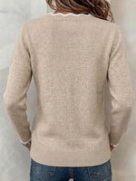 Scalloped Trim V-neck Color Block Long Sleeve Knit Sweater