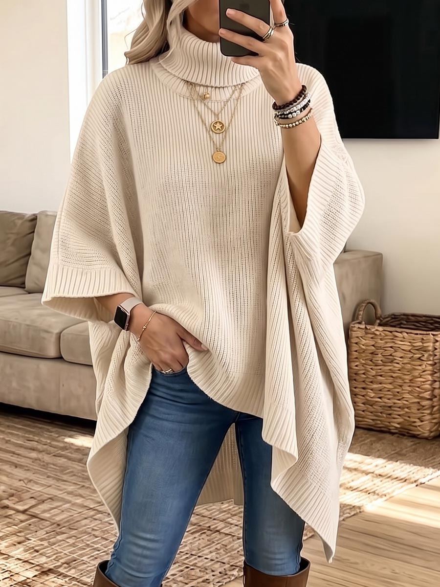 Women's Solid Color High-neck 3/4 Sleeve Casual Loose Knit Top (high-low Hem)