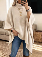 Women's Solid Color High-neck 3/4 Sleeve Casual Loose Knit Top (high-low Hem)
