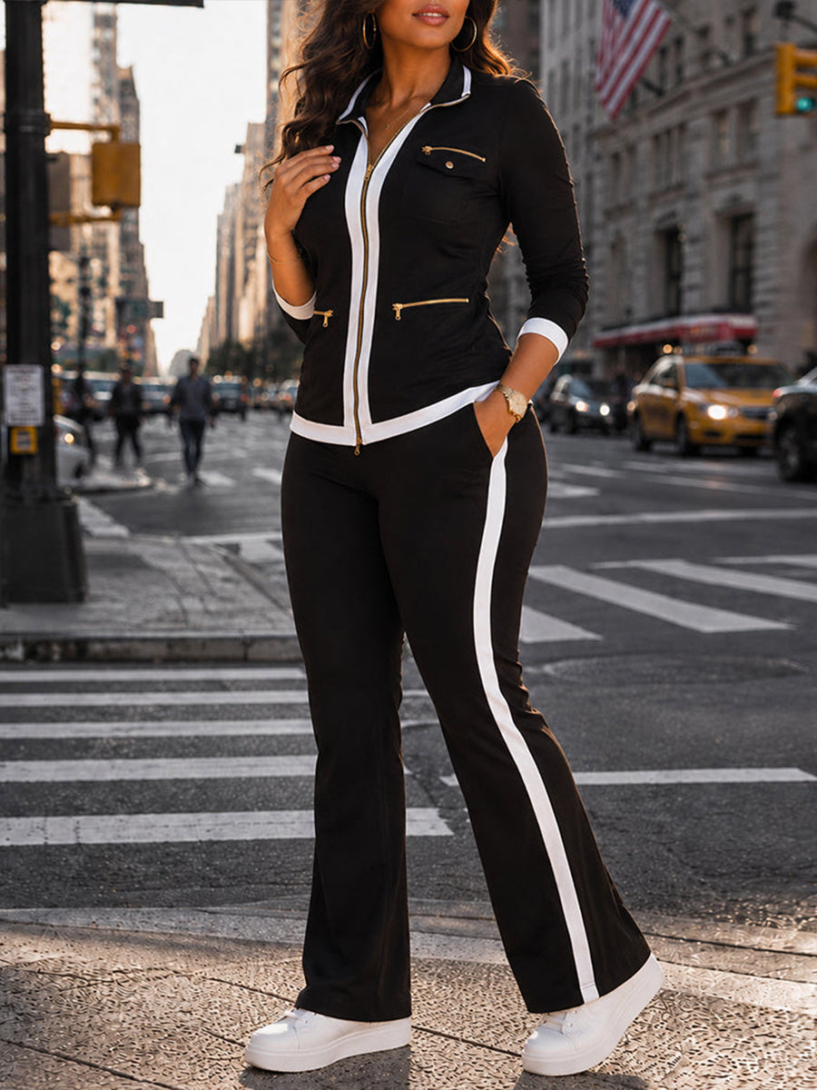Casual Two-piece Set Featuring A Zip-up Knit Jacket And Pants With Color-block Trim.