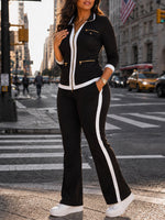 Casual Two-piece Set Featuring A Zip-up Knit Jacket And Pants With Color-block Trim.