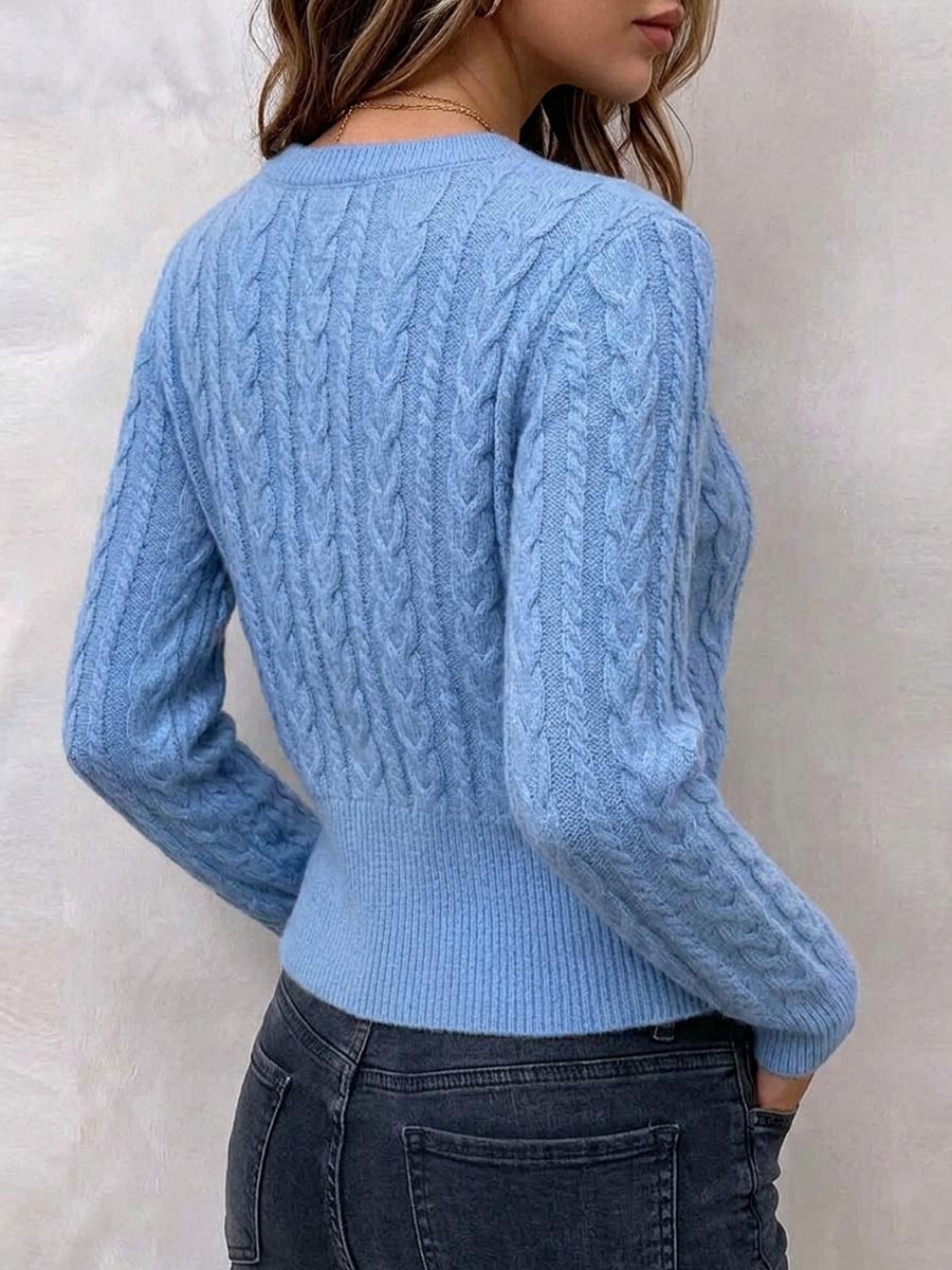 Women's Cable Knit Crewneck Sweater with Split Zip-Up Hem