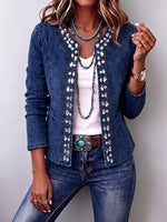 Elegant Rhinestone Trim Stretch Denim Jacket