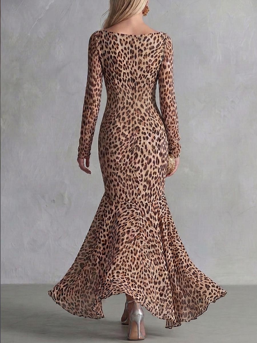 Women's Leopard Print Stacked Neck Long Sleeve Casual Loose Chiffon Dress