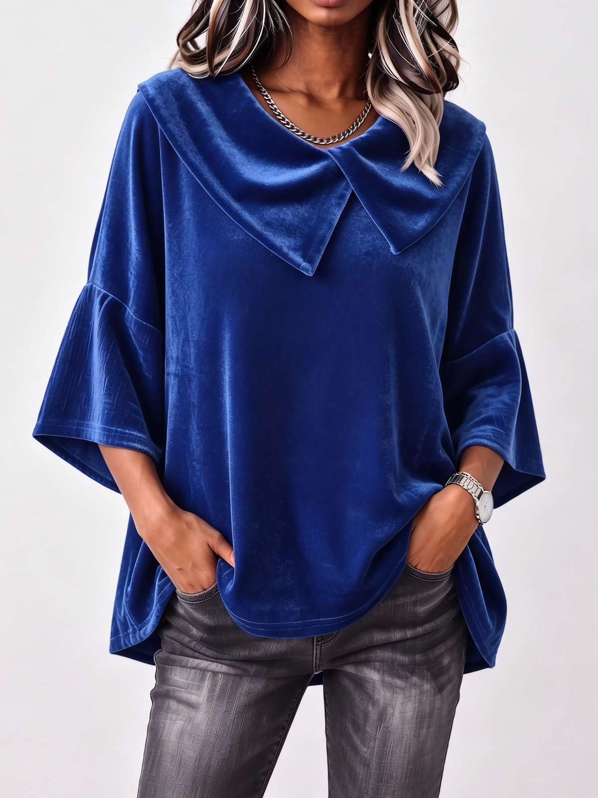 Elegant Peter Pan Collar Flared Sleeve Velvet Shirt