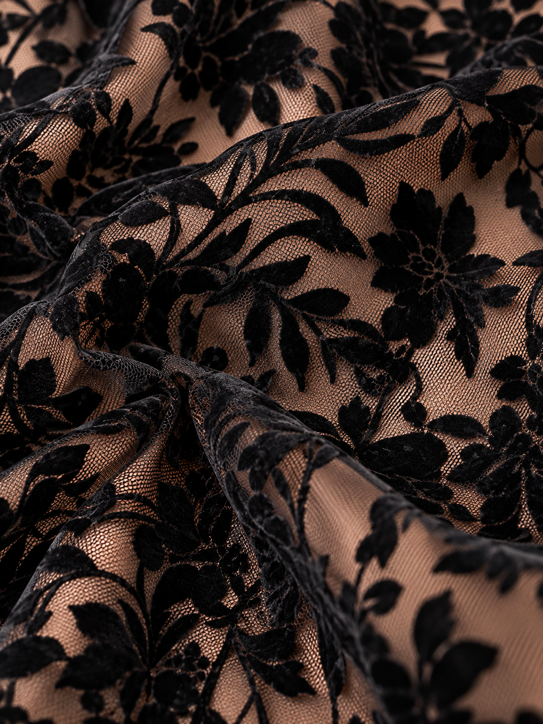 Women's Black Flocked Floral Sheer Mesh Top - Plunging Tie-Front Bell Sleeve Babydoll Blouse
