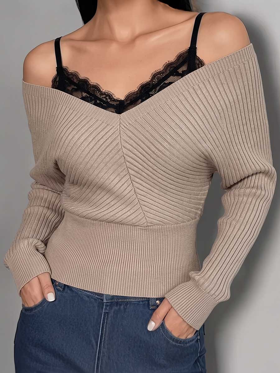 Women's Off-shoulder V-neck Long-sleeve Knit Top With Lace Camisole Overlay Detail