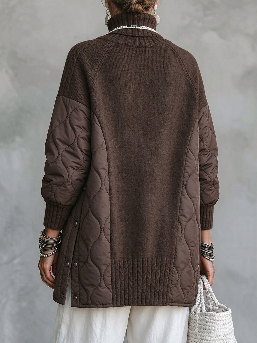 Cozy Turtleneck Quilted-Panel Knit Pullover