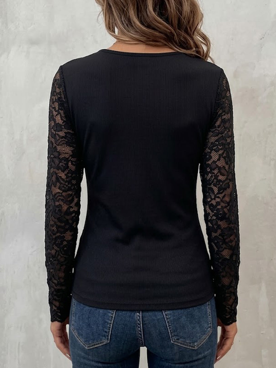 Slim-fit Long-sleeve Top With Scalloped V-neck And Lace Detailing