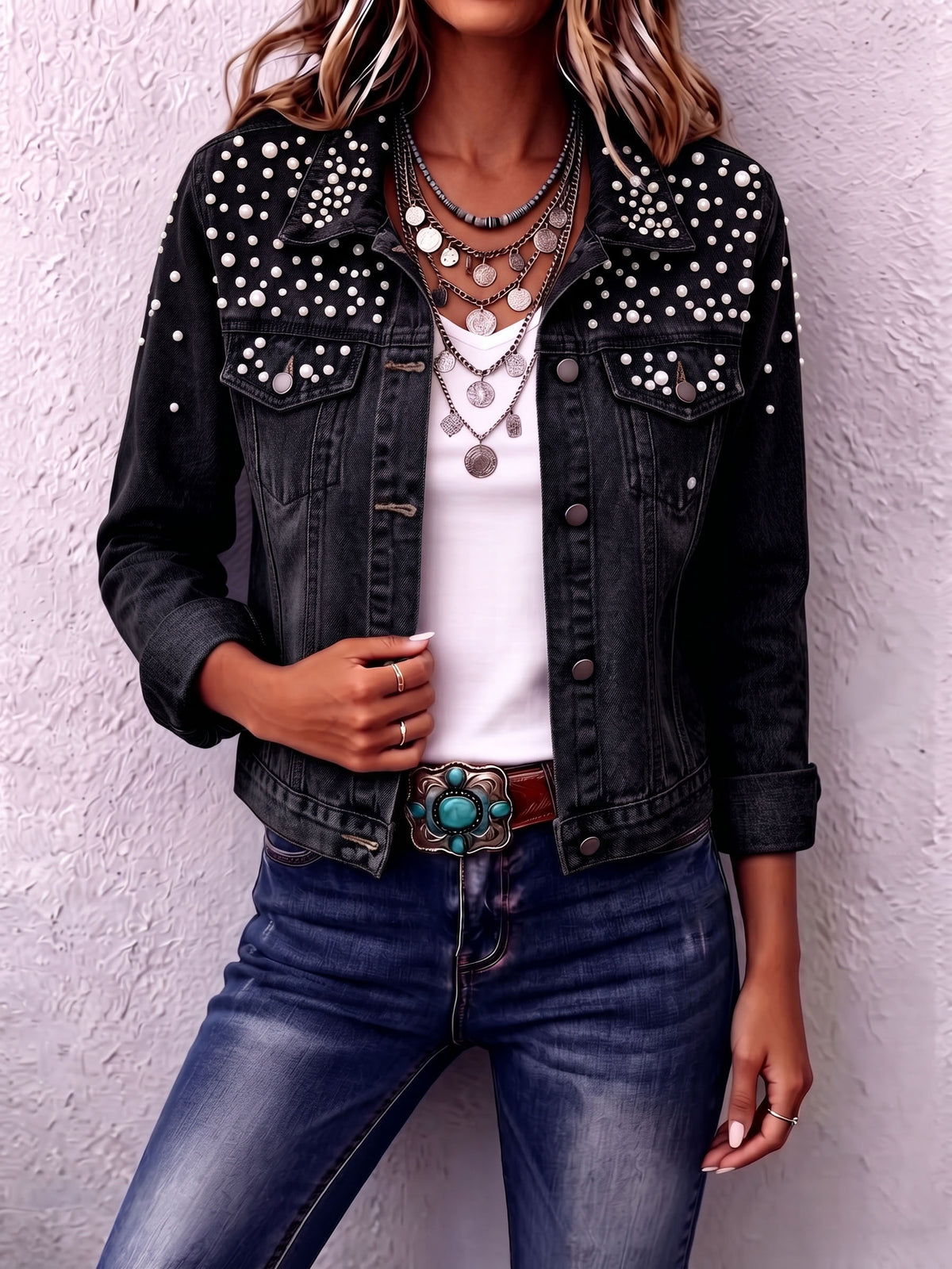 Chic Trendy Pearl Beaded Denim Jacket