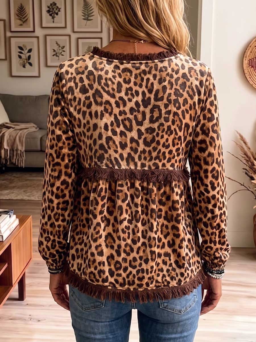 Women's Leopard Print Crew Neck Long Sleeve Casual Loose Velvet Top