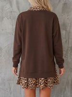 Women's Casual Loose-fit Sweatshirt Dress With Collar, Long Sleeves, And Leopard Print Paneling