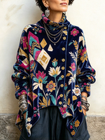 Vintage Floral And Geometric Asymmetrical Turtleneck Top