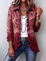 Bohemian Paisley Print Denim Ruffle Blazer