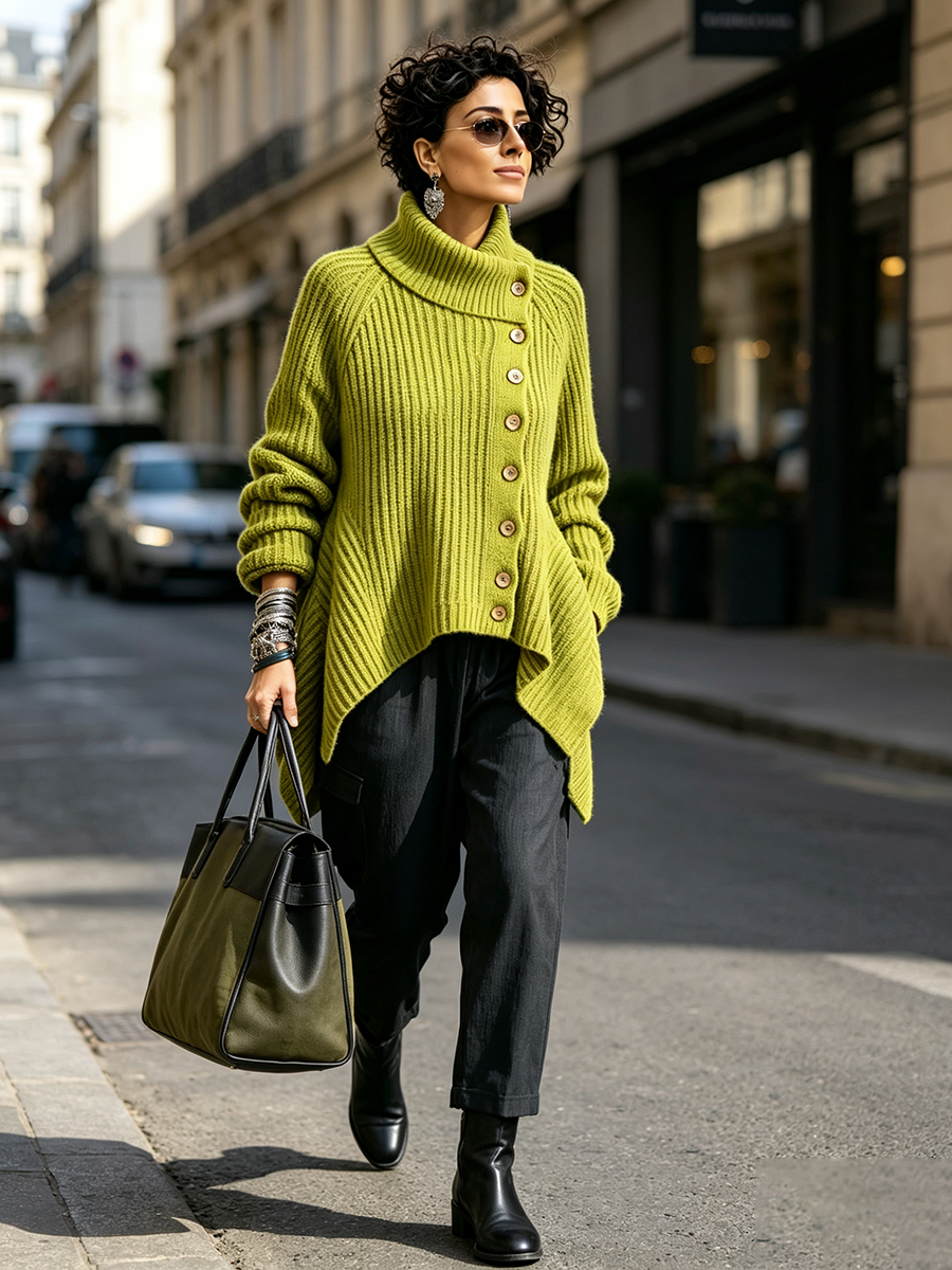 Artistic Cut Lime Green Irregular High-neck Sweater