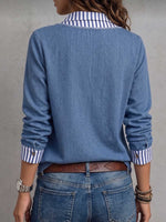 Women's Collared Long-sleeved Striped Printed Patchwork Casual Loose Denim Pullover Shirt