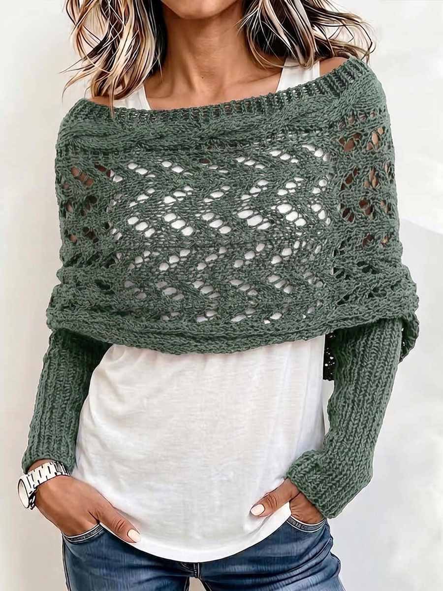 Women's Solid-Color Reversible Long-Sleeve Cut-Out Knit Shawl