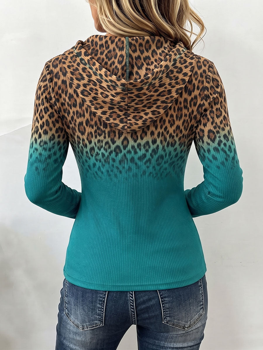 Bold Ombré & Leopard Print Hooded Stretch Top