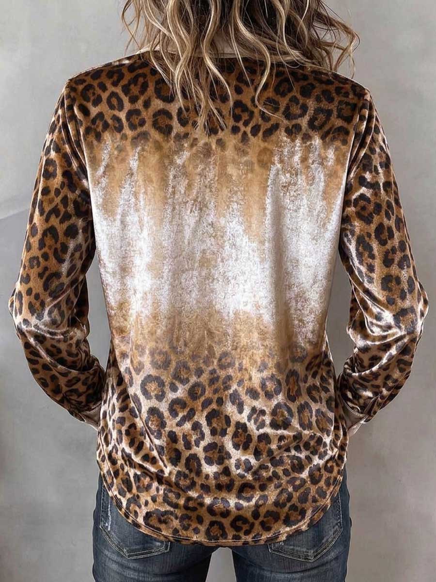 Women's Leopard Print Velvet Button-down Blouse