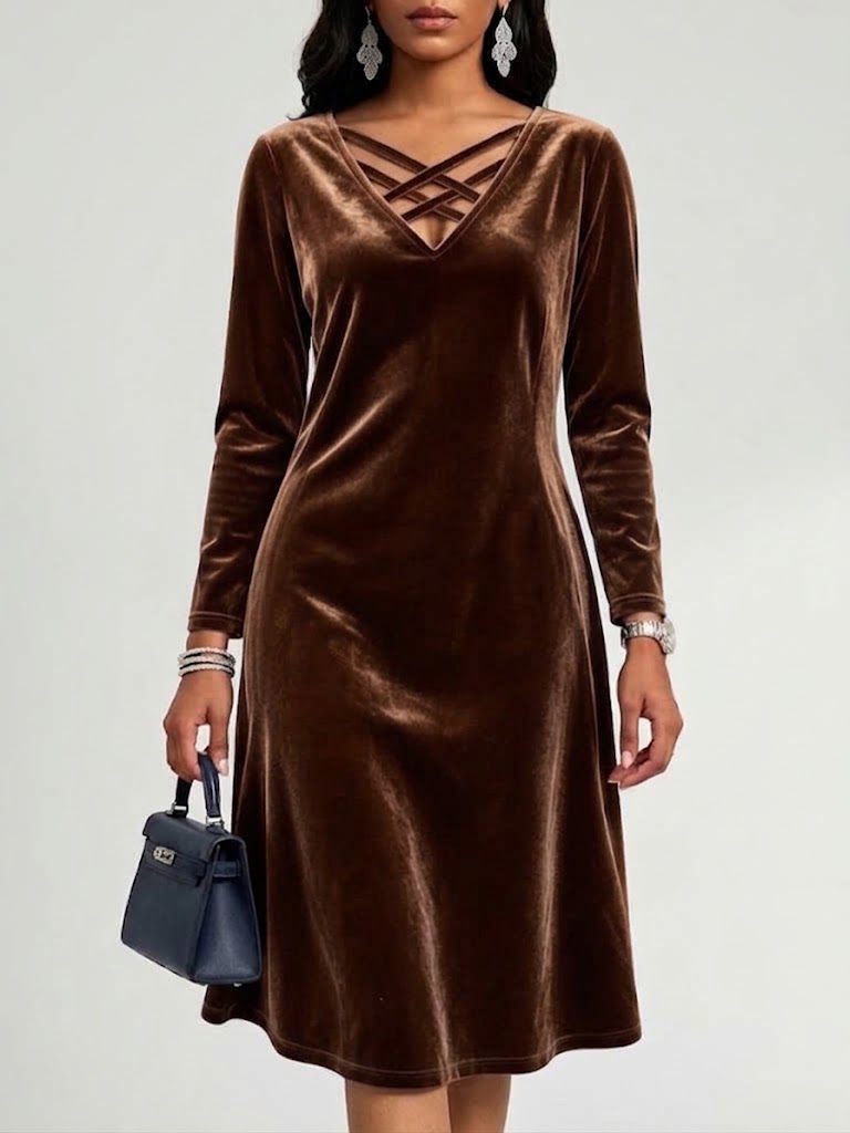V-neck Crisscross Strap Velvet Long Sleeve Dress