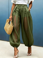 Loose, Semi-sheer, Solid-color Mesh-paneled Lantern Pants