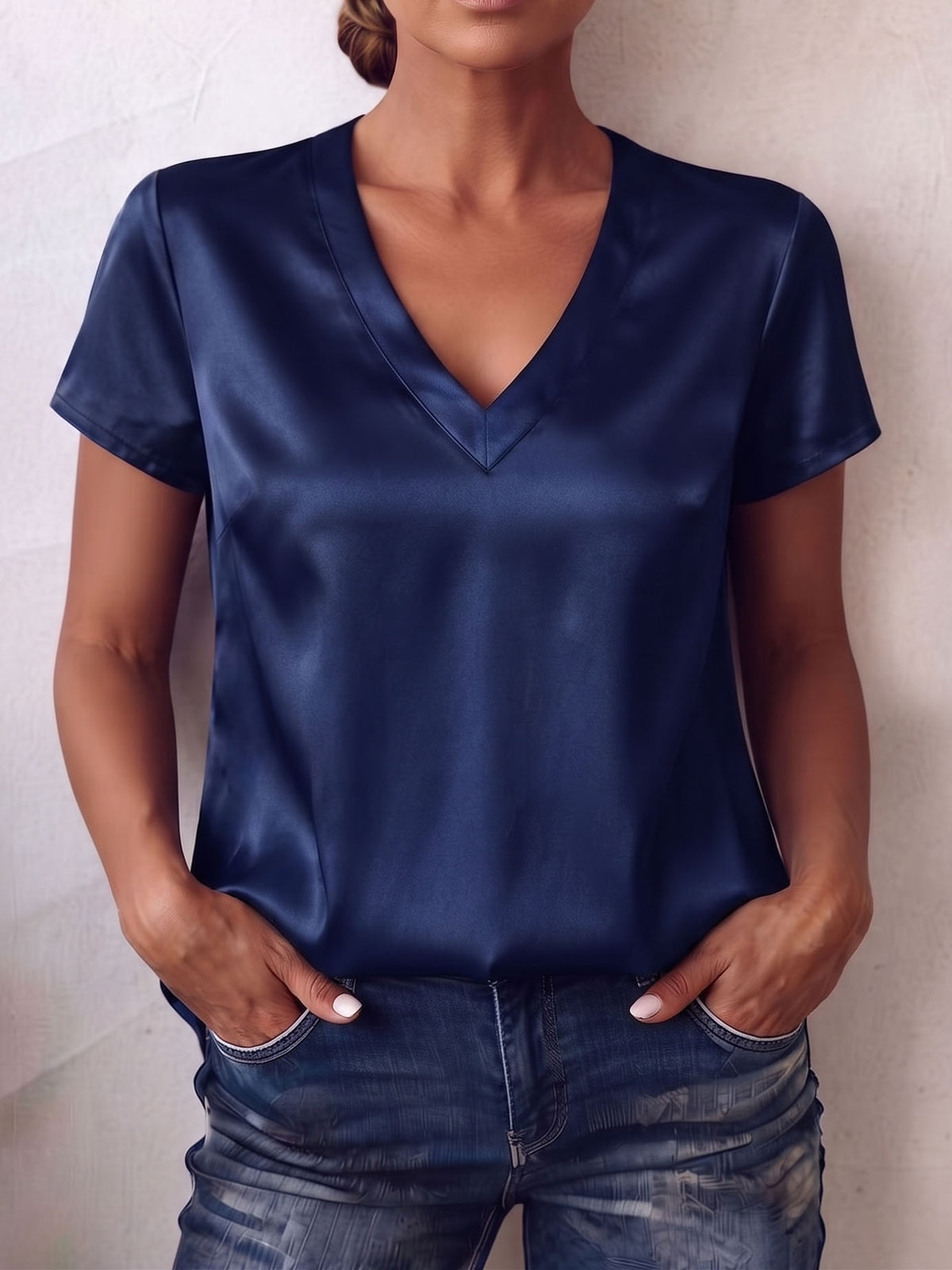 Elegant And Casual V-neck Satin Short-sleeved Shirt