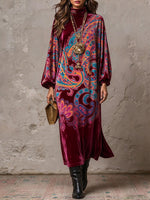 Vintage-style Paisley Print Velvet Midi Dress