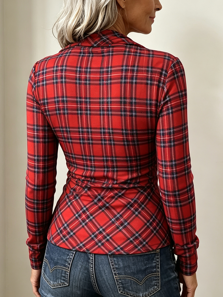 Elegant Cowl-neck Stretch Top With Classic Plaid Print
