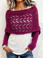 Women's Solid-Color Reversible Long-Sleeve Cut-Out Knit Shawl
