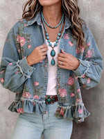 Lapel Floral Print Frayed Ruffle Hem Loose Denim Jacket