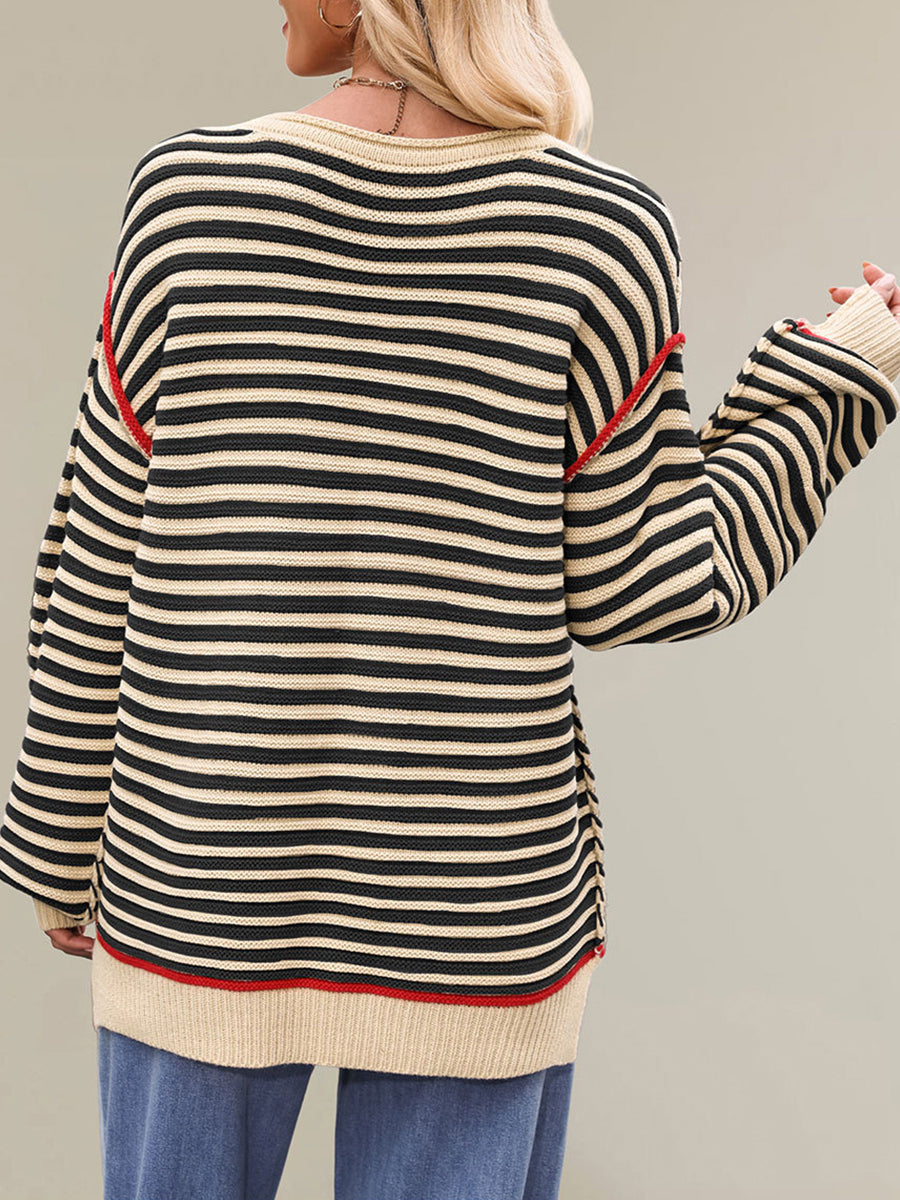 Casual, Loose-fitting, Long-length Color-block Striped Knit Top