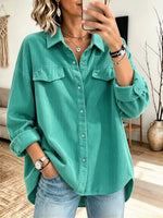 Casual Loose-fit Green Corduroy Shirt
