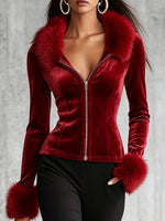 Glamorous Red Velvet Zip-up Jacket With Faux Fur Trim